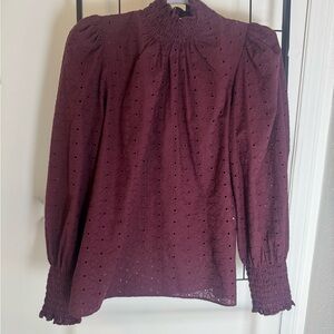 Veronica Beard Burgundy Eyelet Cotton Smocked Neck Blouse Size 10